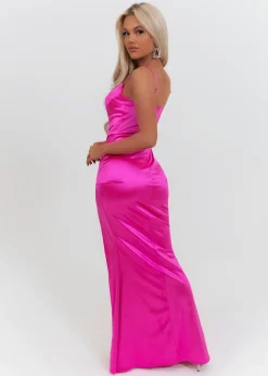Women DressMeZee Dresses|Aurora Satin Gown With Side Slit - Hot Pink