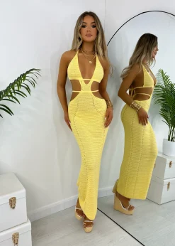 Women DressMeZee Dresses|Bali Palms Crochet Maxi Dress - Yellow