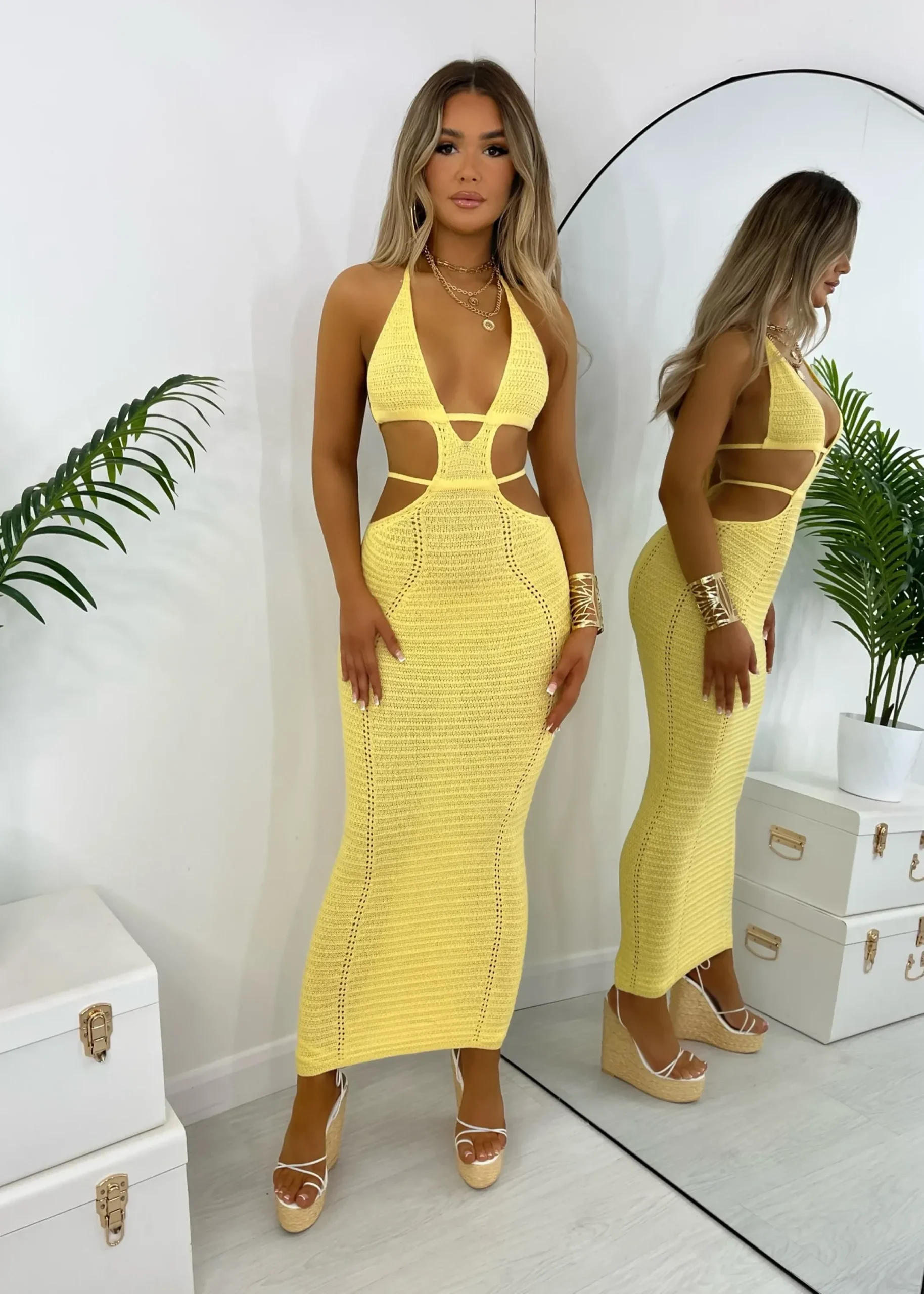 Women DressMeZee Dresses|Bali Palms Crochet Maxi Dress - Yellow