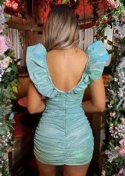 Women DressMeZee Dresses|Bling It On Extreme Puff Sleeve Glitter Dress - Aqua