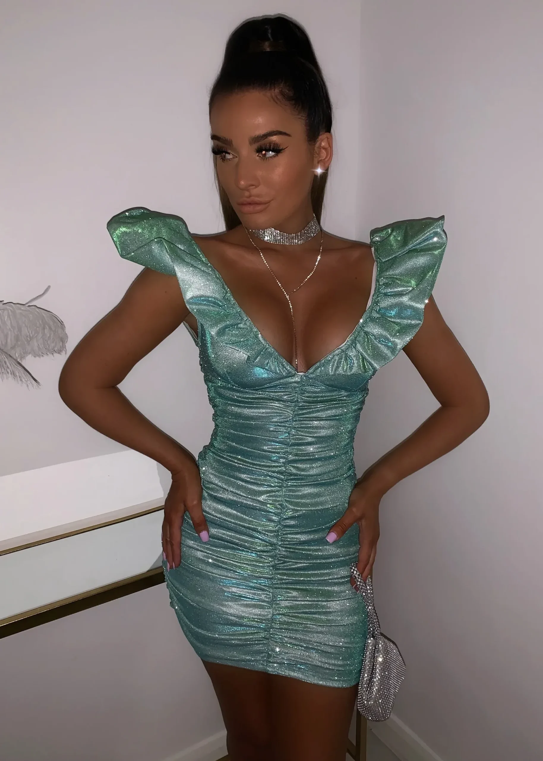 Women DressMeZee Dresses|Bling It On Extreme Puff Sleeve Glitter Dress - Aqua