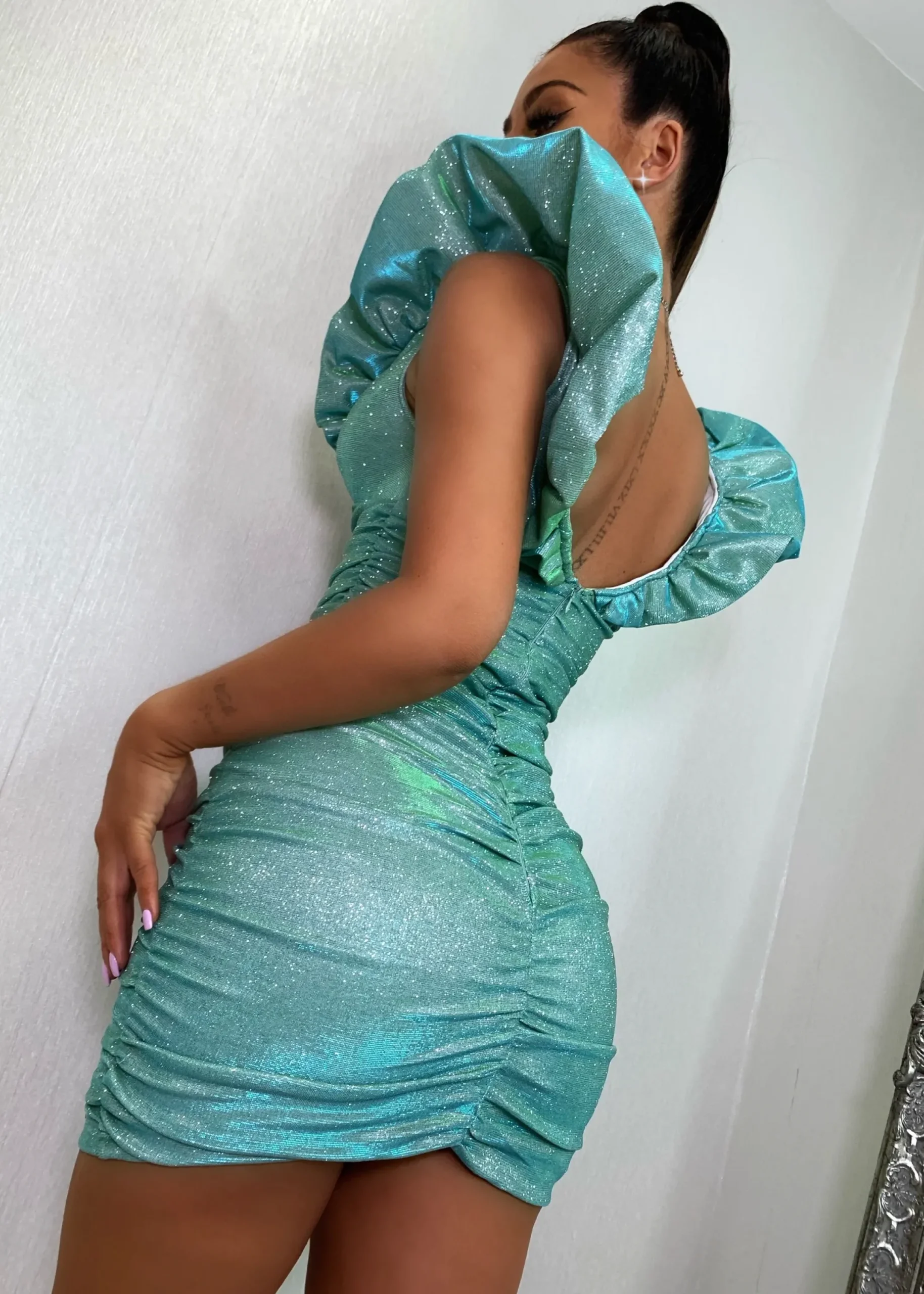 Women DressMeZee Dresses|Bling It On Extreme Puff Sleeve Glitter Dress - Aqua