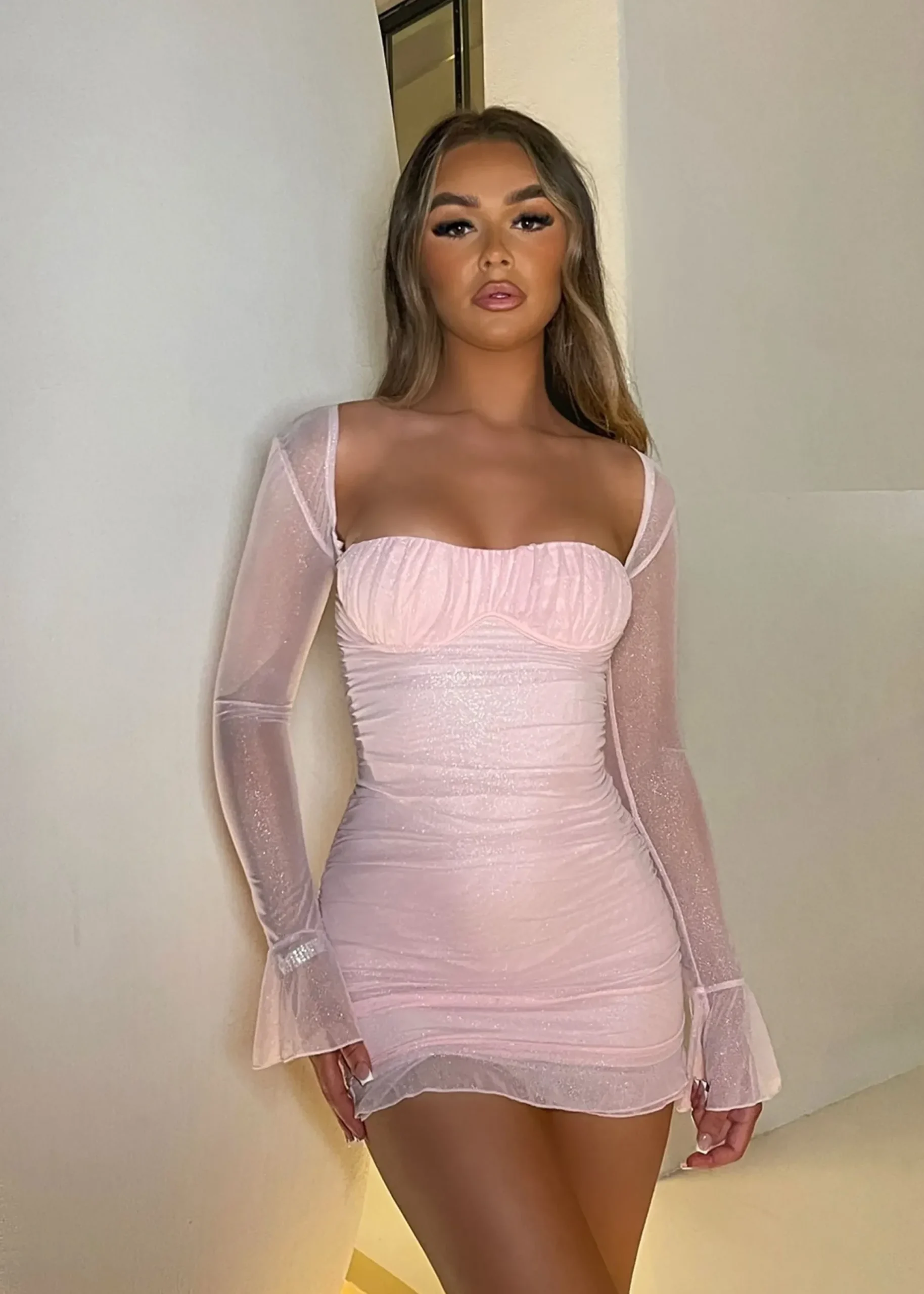 Women DressMeZee Dresses|Born To Sparkle Ruched Mini Dress - Pink