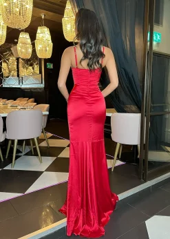 Women DressMeZee Dresses|Carley Diamante Satin Split Gown - Red
