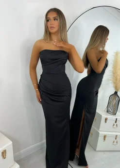 Women DressMeZee Dresses|Cold Shoulder Strapless Satin Maxi Dress - Black