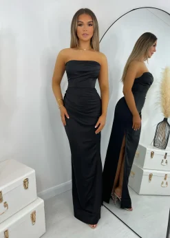 Women DressMeZee Occasion Wear|Cold Shoulder Strapless Satin Maxi Dress - Black