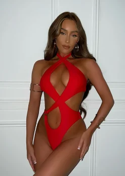 Women DressMeZee Swimwear|Deep Water Cut Out Swimsuit - Red
