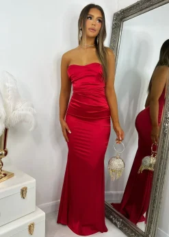 Women DressMeZee Dresses|Delilah Ruched Corset Satin Gown - Red