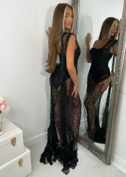 Women DressMeZee Occasion Wear|Diamond Nights Glitter Mesh Maxi Dress - Black