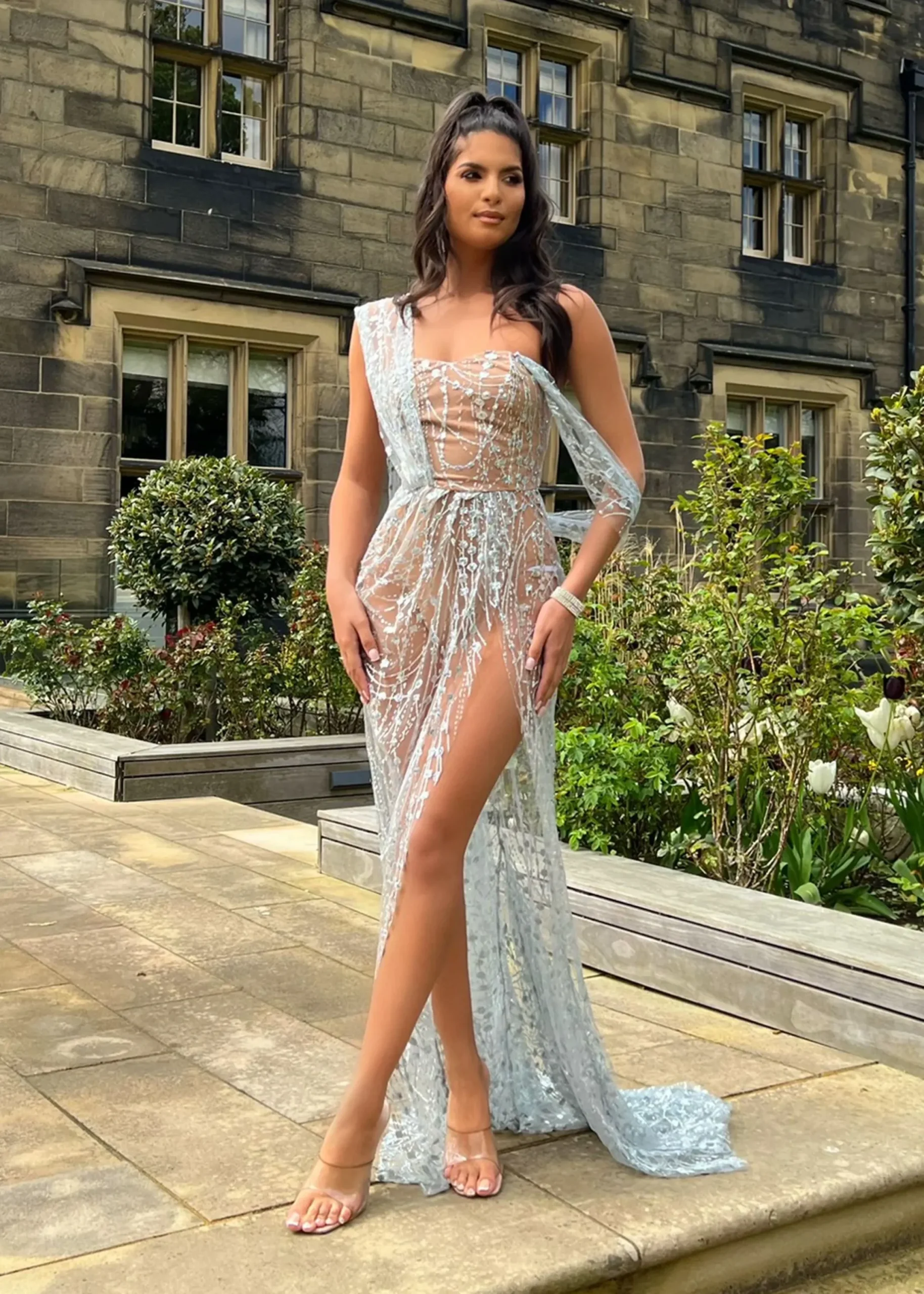 Women DressMeZee Occasion Wear|Diamond Nights Glitter Mesh Maxi Dress - Silver