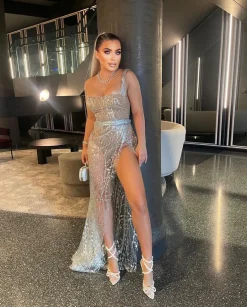 Women DressMeZee Occasion Wear|Diamond Nights Glitter Mesh Maxi Dress - Silver