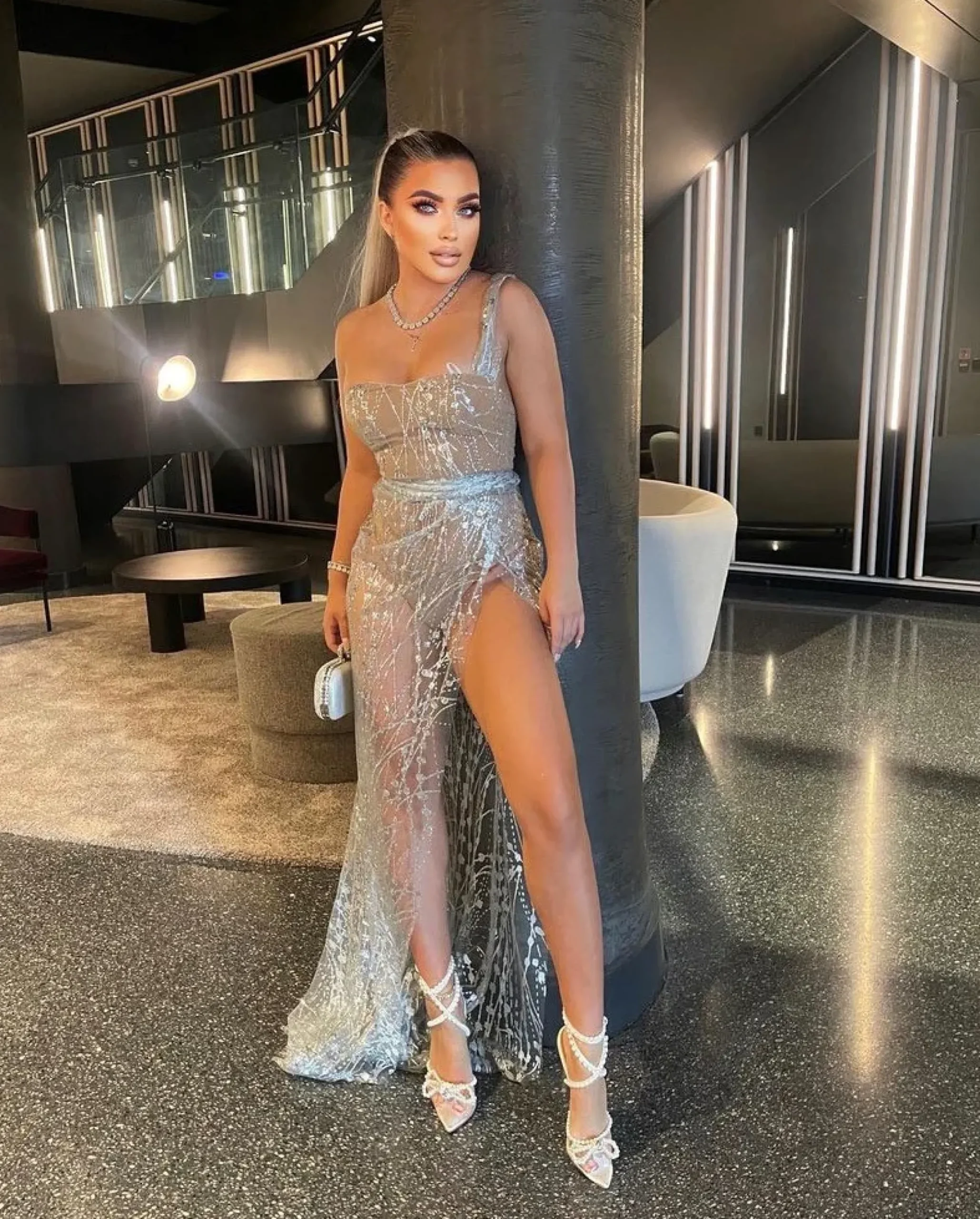 Women DressMeZee Occasion Wear|Diamond Nights Glitter Mesh Maxi Dress - Silver