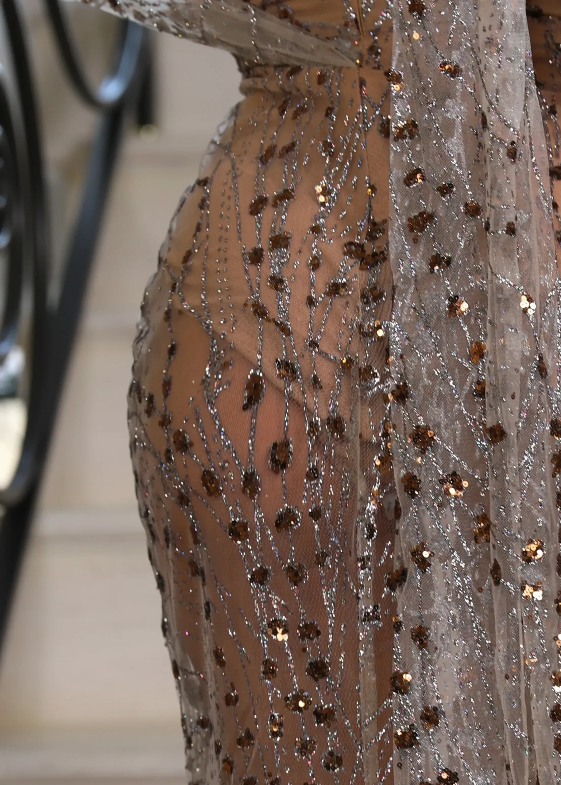Women DressMeZee Occasion Wear|Diamond Nights Glitter Mesh Maxi Dress - Bronze