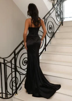 Women DressMeZee Occasion Wear|Elegant Desire Satin Split Gown - Black