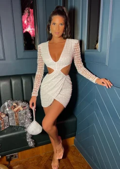 Women DressMeZee Dresses|Ex Lovers Glitter Dress - Iridescent White