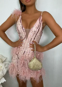 Women DressMeZee Dresses|Felicity Premium Sequin Feather Mini Dress - Pink