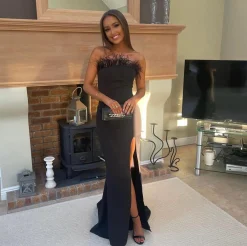 Women DressMeZee Occasion Wear|Forever Yours Feather Gown - Black