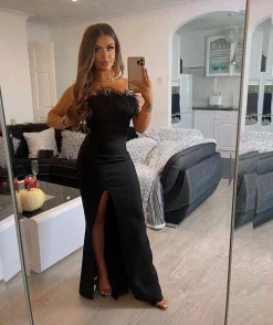 Women DressMeZee Occasion Wear|Forever Yours Feather Gown - Black