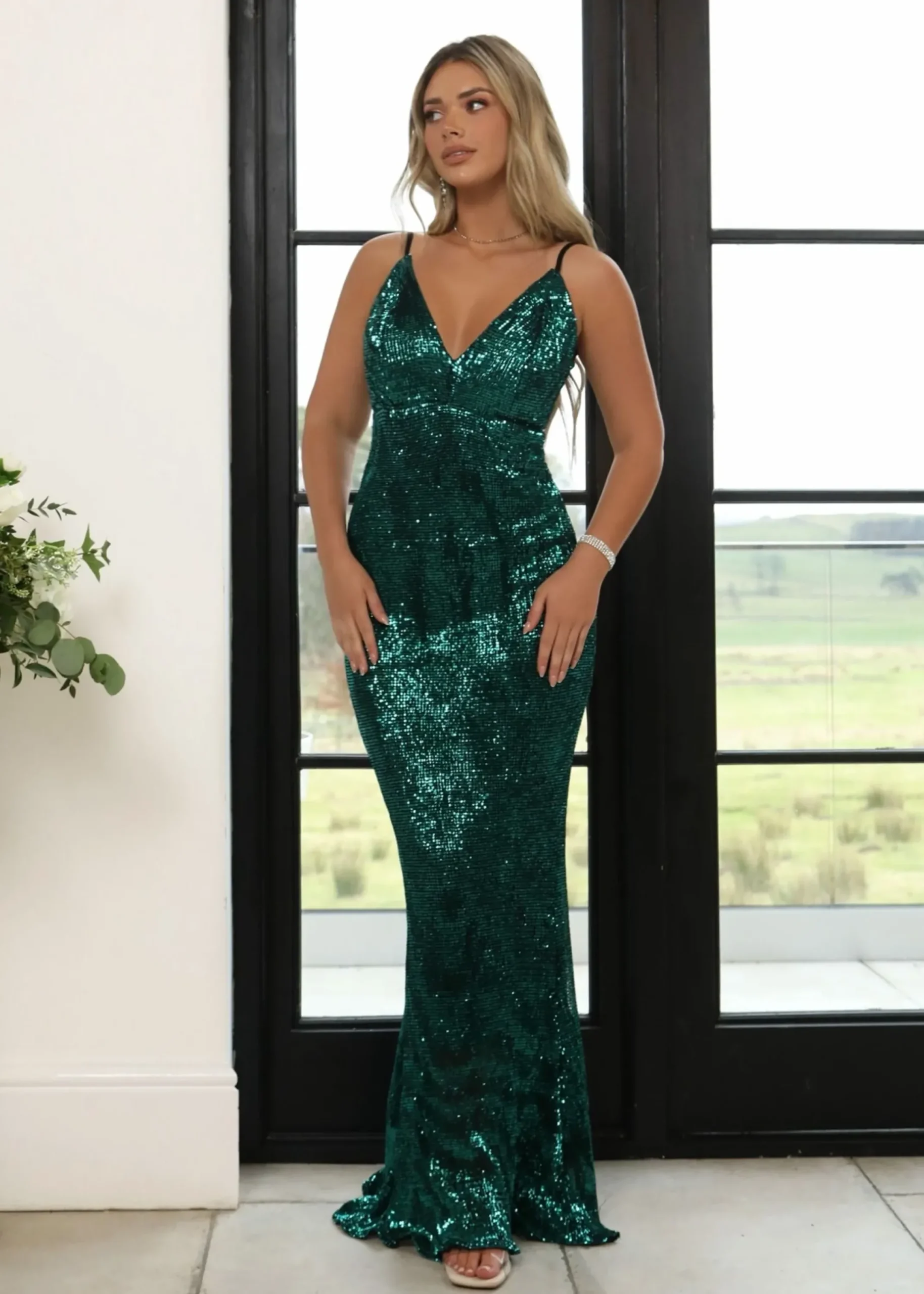 Women DressMeZee Occasion Wear|Frozen Heart Sequin Gown - Emerald Green