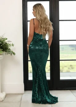 Women DressMeZee Occasion Wear|Frozen Heart Sequin Gown - Emerald Green