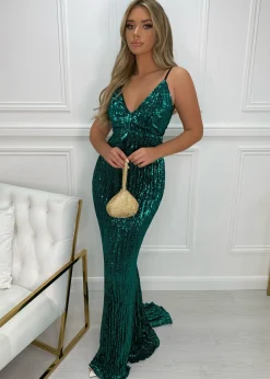 Women DressMeZee Occasion Wear|Frozen Heart Sequin Gown - Emerald Green