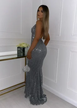 Women DressMeZee Occasion Wear|Frozen Heart Sequin Gown - Grey