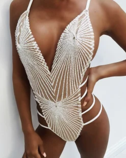 Women DressMeZee Tops / Bodysuits|Glitter Dreams Bodysuit - White