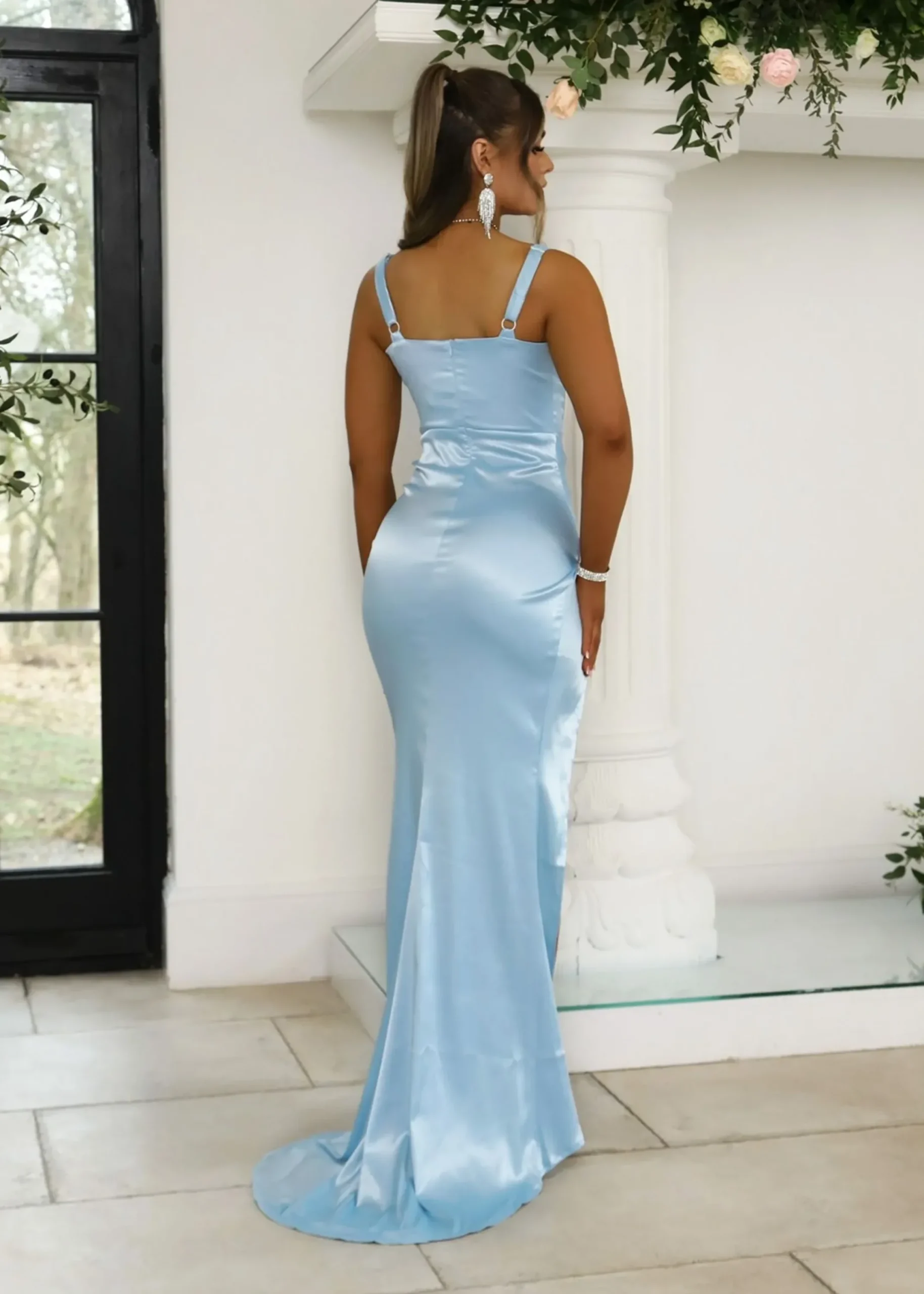 Women DressMeZee Dresses|Lennox Corset Satin Split Gown - Light Blue