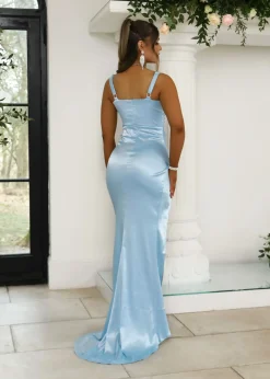 Women DressMeZee Occasion Wear|Lennox Corset Satin Split Gown - Light Blue