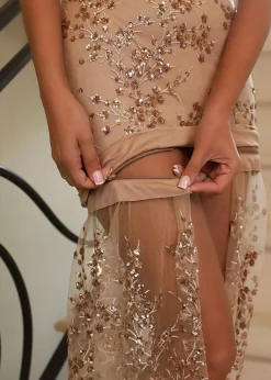 Women DressMeZee Occasion Wear|Living In Luxury Gown With Detachable Overskirt - Gold