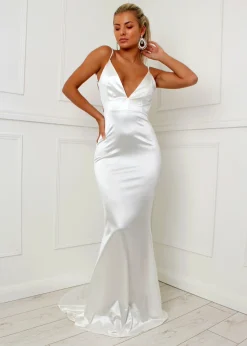 Women DressMeZee Occasion Wear|Love Affair Satin Gown With Ruched Back - White
