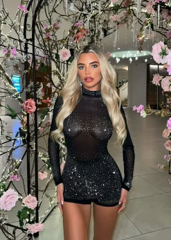 Women DressMeZee Rompers & Jumpsuits|Main Character Energy Diamante Playsuit - Black