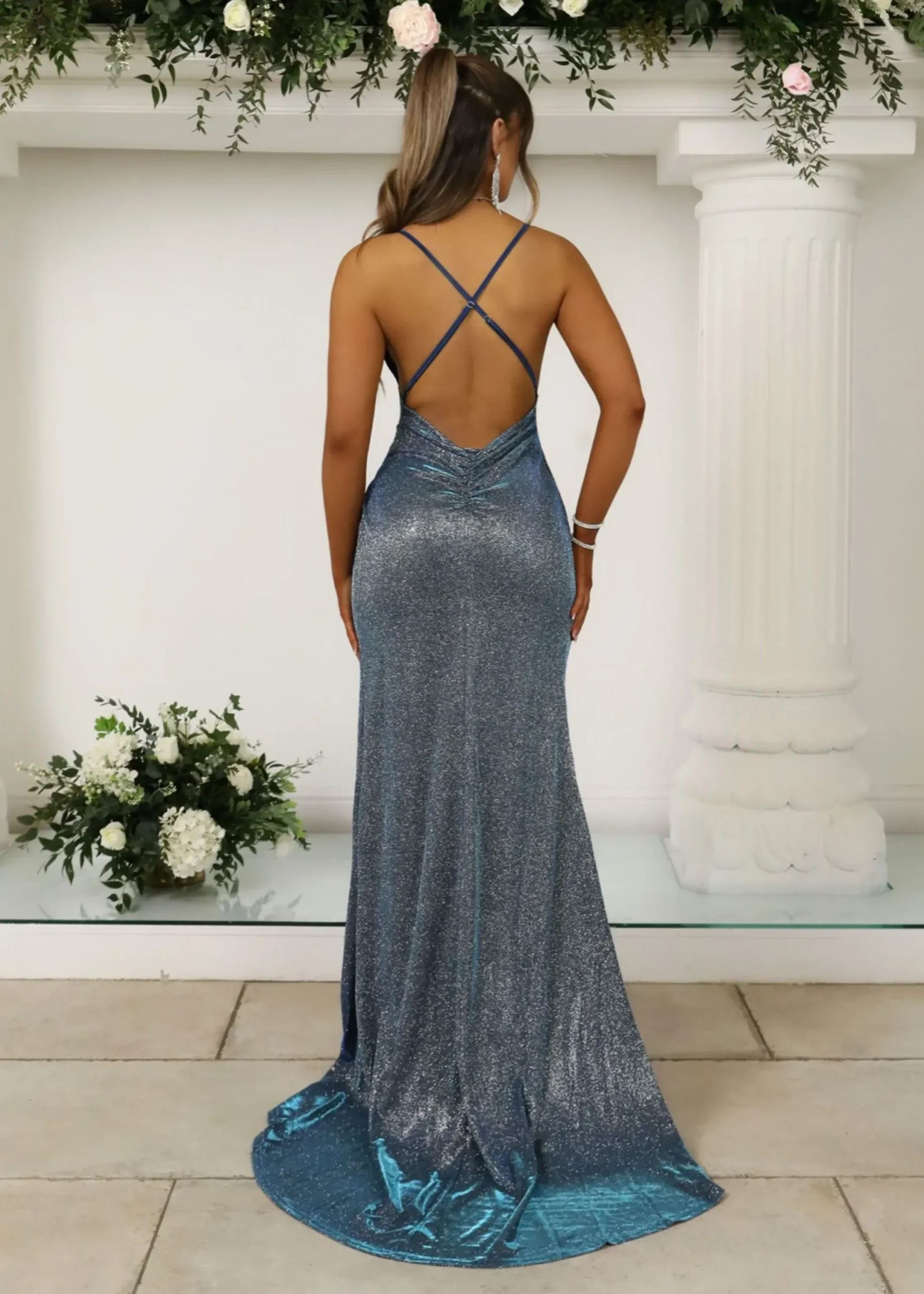 Women DressMeZee Occasion Wear|Pageant Queen Metallic Gown - Blue Silver