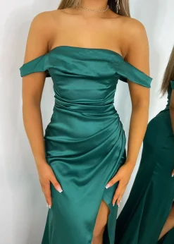 Women DressMeZee Occasion Wear|Paloma Satin Split Gown - Emerald Green