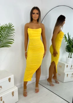 Women DressMeZee Dresses|Pretty Moment Ruched Midi Dress - Yellow