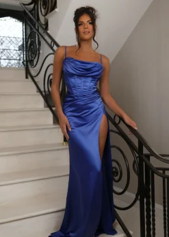 Women DressMeZee Occasion Wear|Rebecca Corset Satin Spilt Gown - Cobalt Blue