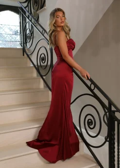 Women DressMeZee Occasion Wear|Rebecca Corset Satin Spilt Gown - Wine