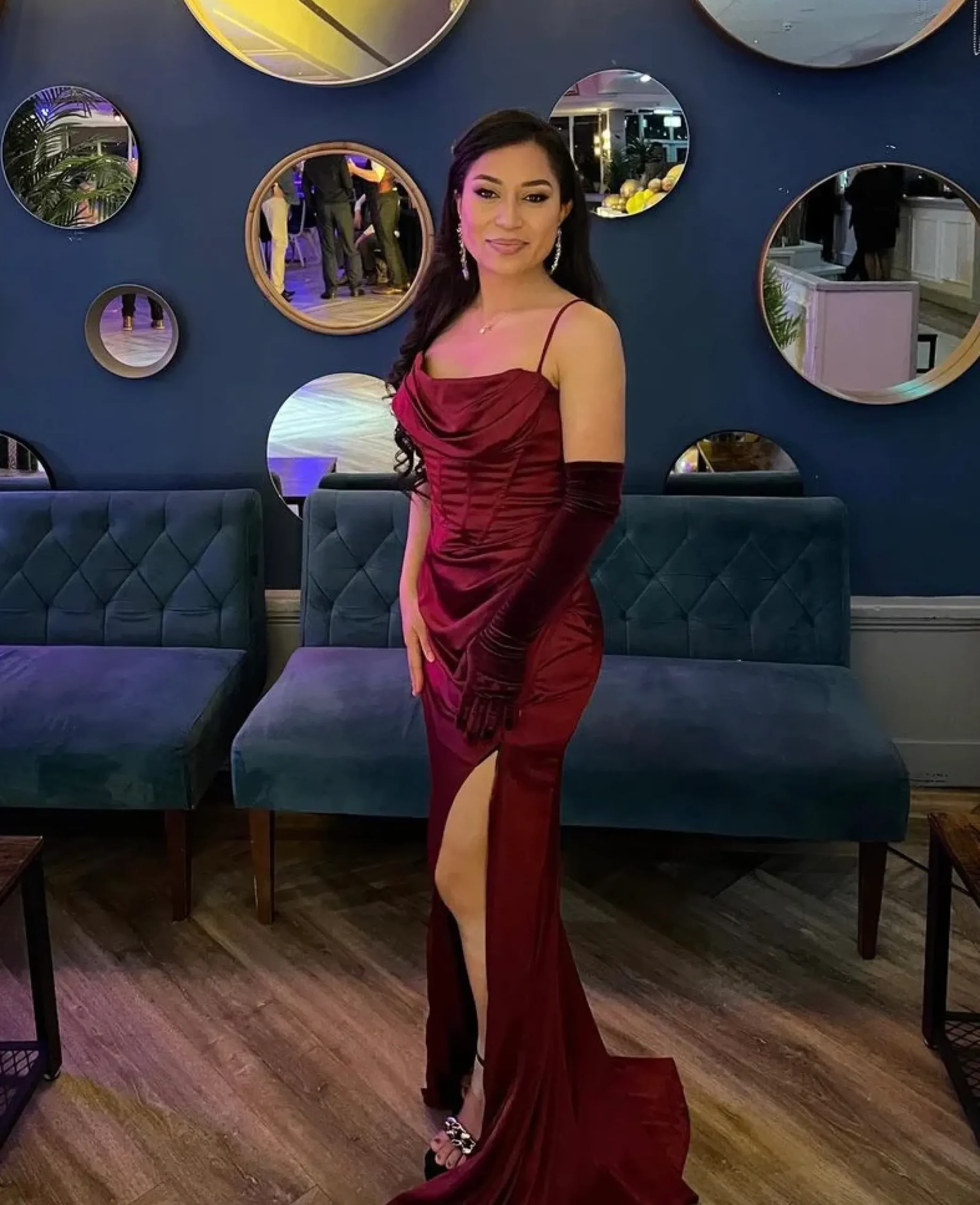 Women DressMeZee Occasion Wear|Rebecca Corset Satin Spilt Gown - Wine