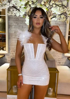 Women DressMeZee Dresses|Saski Feather Mini Dress - White