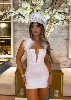 Women DressMeZee Dresses|Saski Feather Mini Dress - White