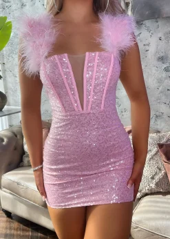 Women DressMeZee Dresses|Saski Feather Mini Dress - Pink