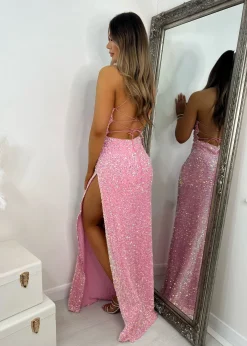 Women DressMeZee Occasion Wear|Sherri Sequin Split Gown - Pink