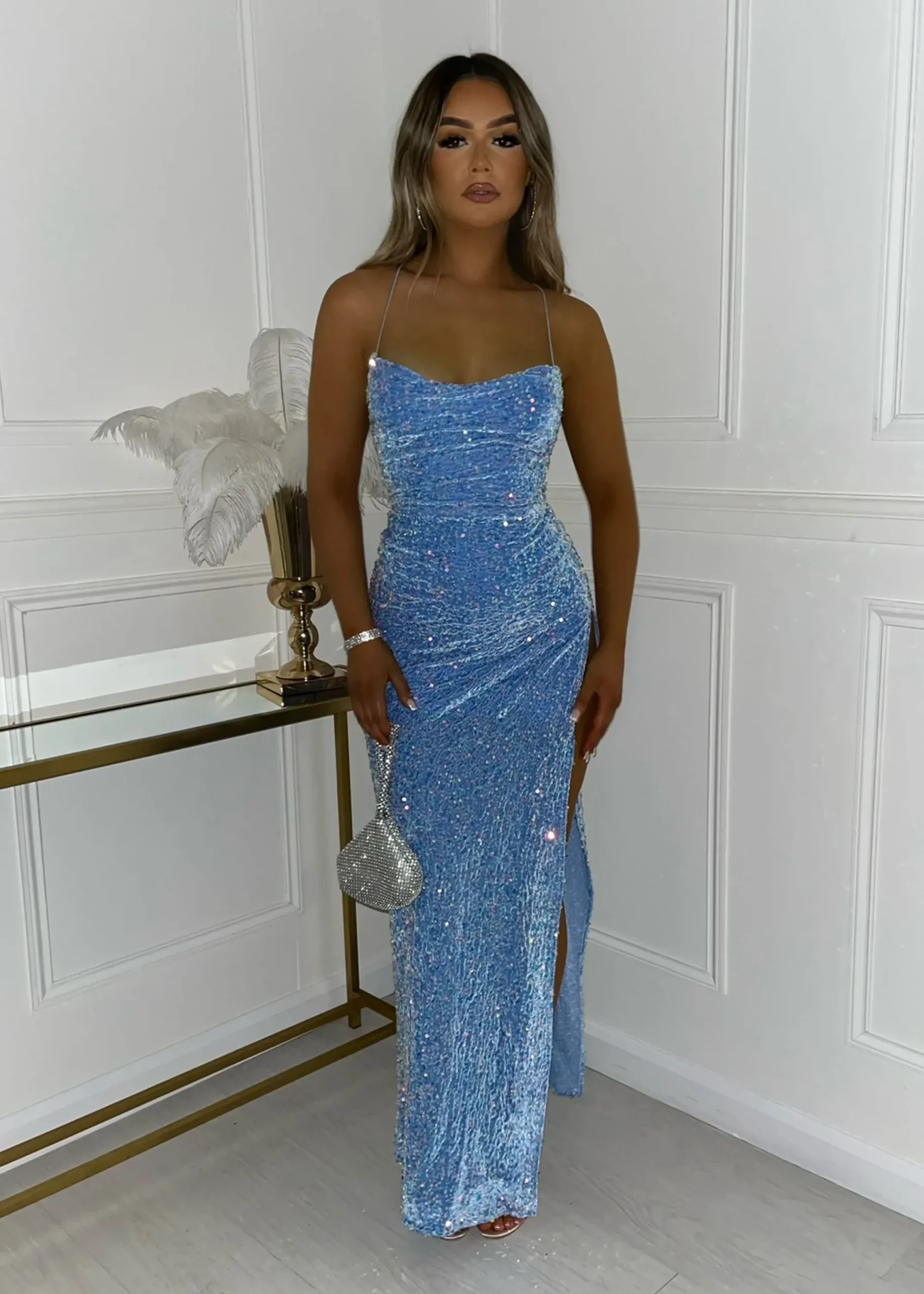 Women DressMeZee Occasion Wear|Sherri Sequin Split Gown - Blue