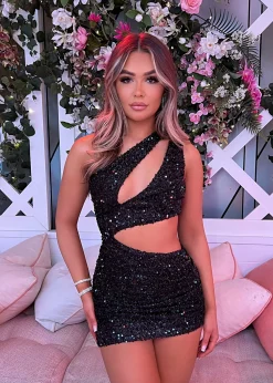 Women DressMeZee Dresses|Shooting Star Cut Out Sequin Dress - Black