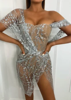 Women DressMeZee Dresses|Sparkle Delight Glitter Mesh Dress - Silver