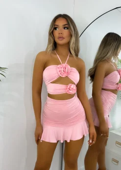 Women DressMeZee Tops / Bodysuits|Sweet Fling Cut Out Flower Crop Top - Pink