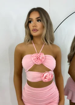Women DressMeZee Tops / Bodysuits|Sweet Fling Cut Out Flower Crop Top - Pink