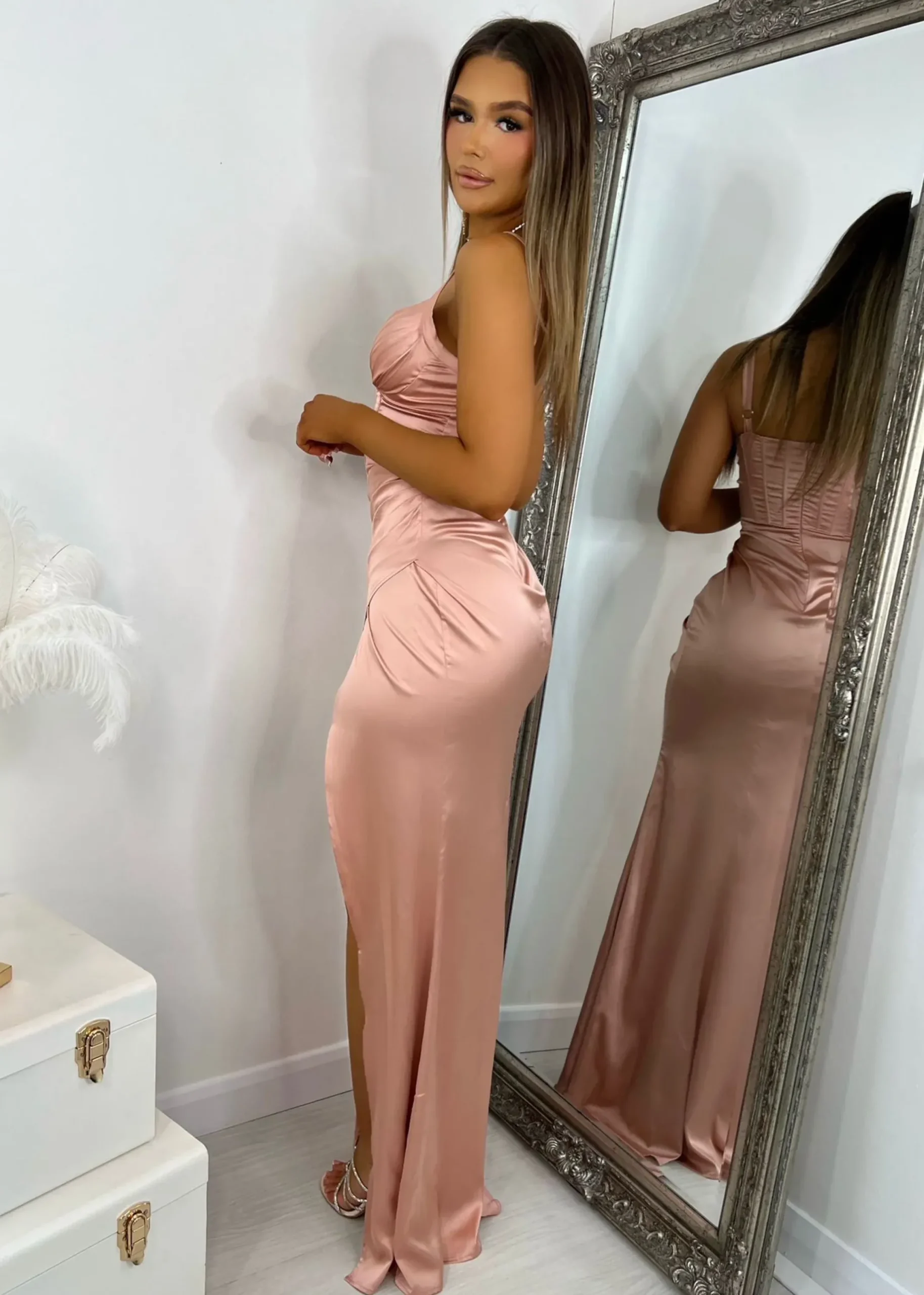 Women DressMeZee Occasion Wear|Taya Corset Satin Gown - Blush