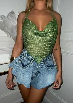 Women DressMeZee Tops / Bodysuits|Tayce Diamante Chainmail Halter Neck Top - Green