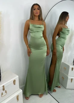 Women DressMeZee Dresses|Tiana Satin Split Gown - Mint